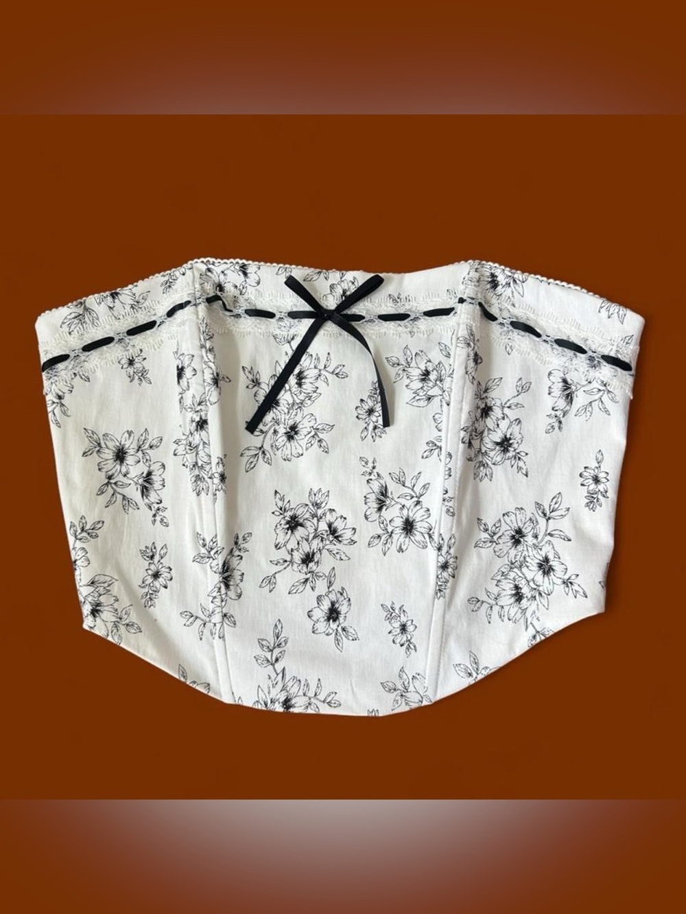 Forever 21 White Floral Strapless Corset Crop Top with Black Trim
